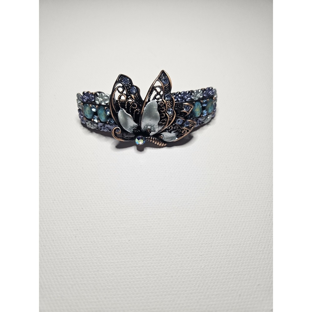 Blue Butterfly Hair Barrette Crystal Enamel Copper Floral Filigree‎ Clip Women
